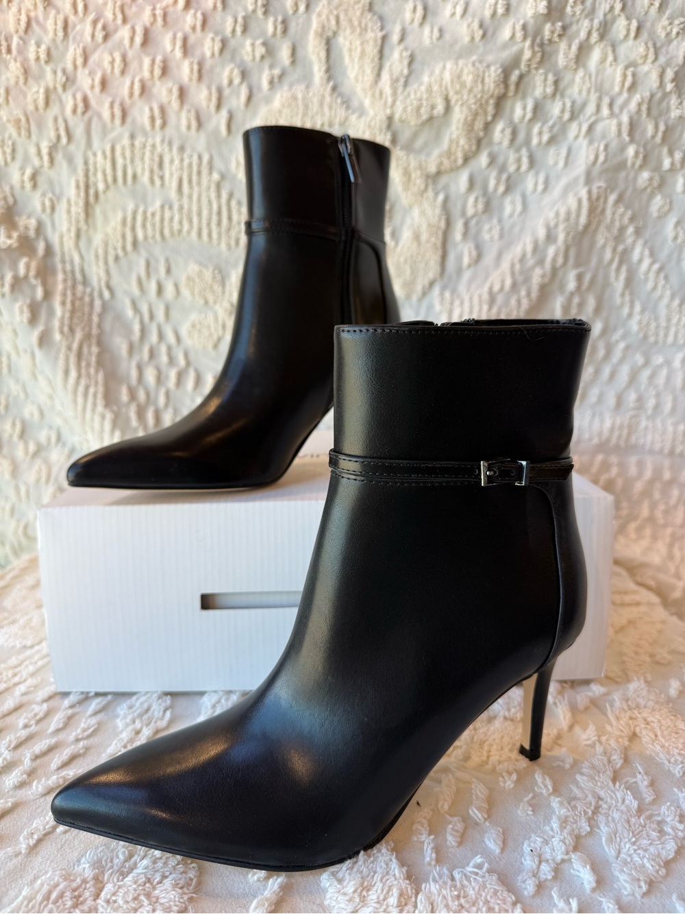 Calvin Klein Black Pointed-Toe Stiletto Ankle Booties with Strap 703
